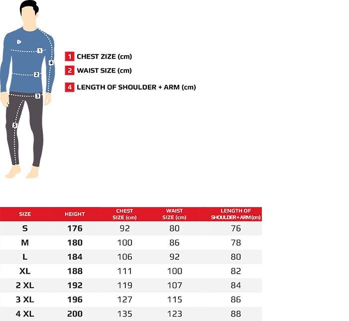 size chart for perforance kayak and canoe racing shirt